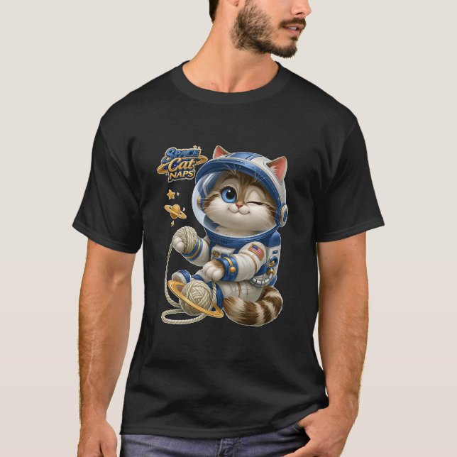 Camiseta Gato Espacial Cochilando Astronauta Fofo com Fio (Frente)