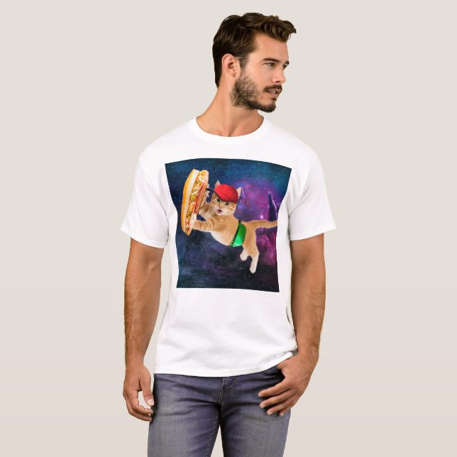 Camiseta Gato espacial com bonés e mochila (Frente Completa)