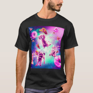 Camiseta Gato Espacial com Olhos de Laser e Pug de Cachorro