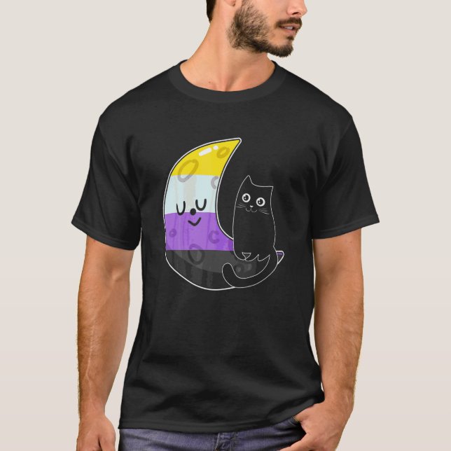 Camiseta Gato Espacial da Lua Não Binário Orgulho Lgb Com N (Frente)