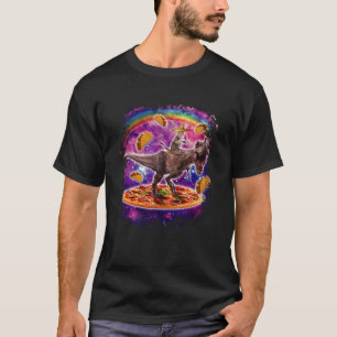 Camiseta Gato Espacial Montando Dinossauro rex Unicórnio em