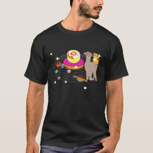 Camiseta Gato Espacial Montando Lhama e Donuts Galáxia Fofa