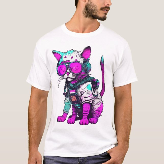 Camiseta Gato espacial neon em roupa futurística (Frente)