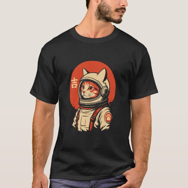 Camiseta Gato Espacial Retro de Terno Sinal de Boa Sorte Ja (Frente)