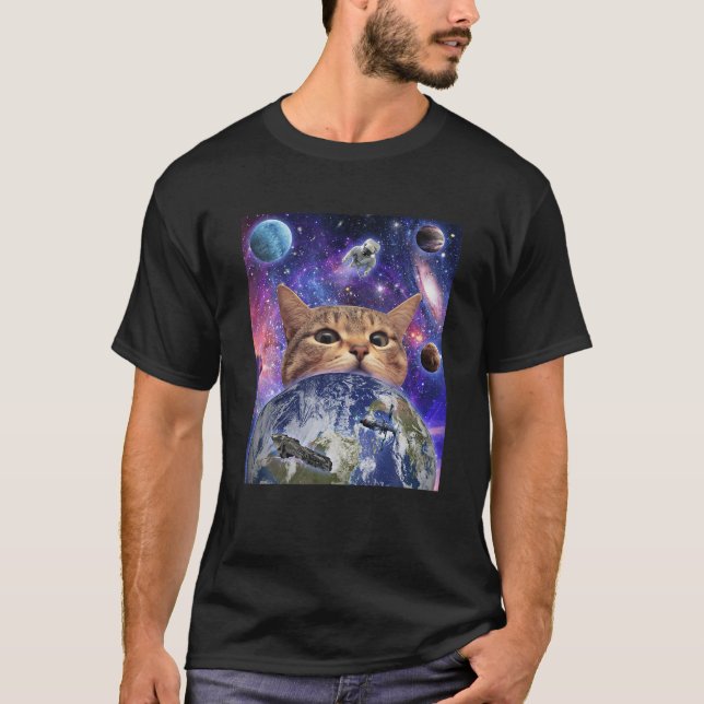 Camiseta Gato Espacial Rosto Em Galáxias Engraçadas Adolesc (Frente)