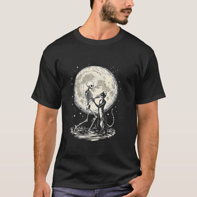 Camiseta Gato Esqueleto Dançando Lua (Frente)