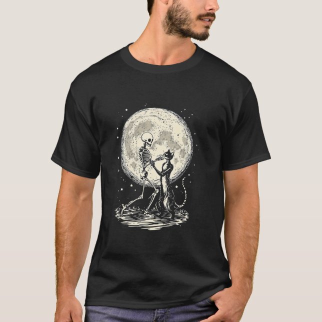 Camiseta Gato Esqueleto Dançando Lua (Frente)
