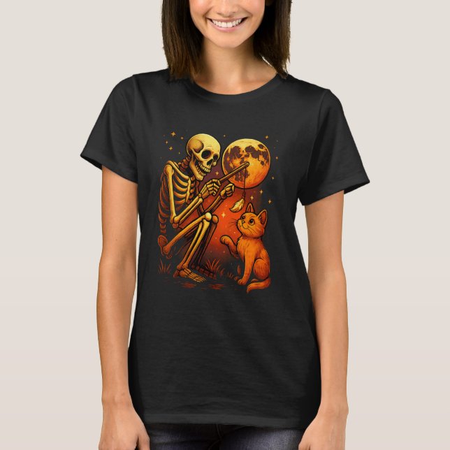 Camiseta Gato Esqueleto Lua Noite Halloween Engraçado Fofo  (Frente)