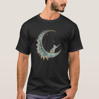 Camiseta Gato estético místico sentado em crescente Lua Lu