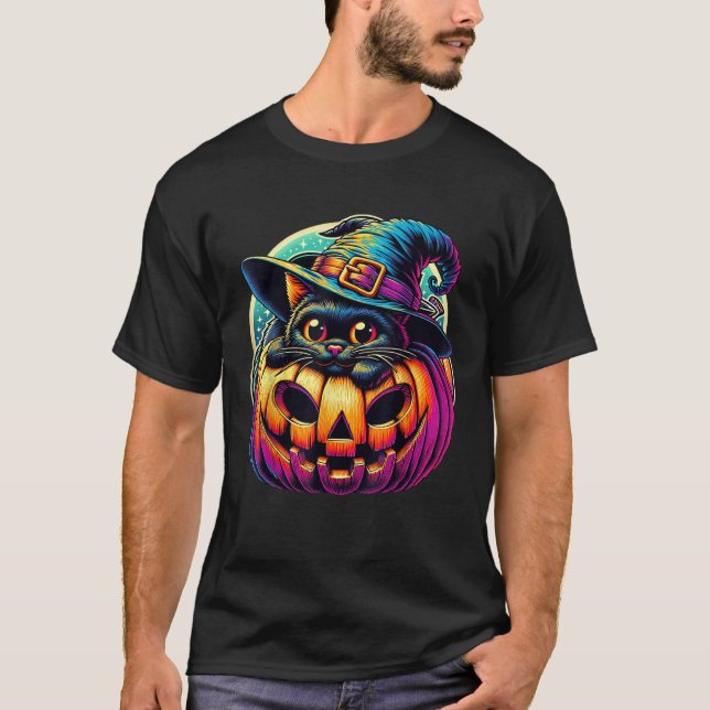 Camiseta Gato Extra Bonito Preto com Pumpkin de Chapéu de B (Frente)