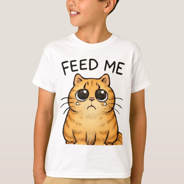 Camiseta Gato Faminto Engraçado Espetando por Arte Comida (Frente)
