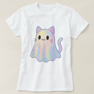 Camiseta Gato Fantasma Arco-Íris Pastel Kawaii Estética A