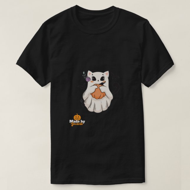 Camiseta Gato Fantasma Bonito com Pumpkin | Spooky Hallowee (Frente do Design)