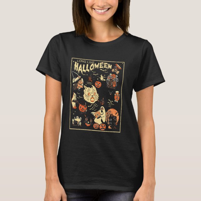 Camiseta Gato Fantasma de Abóbora de Halloween Retro Longo  (Frente)