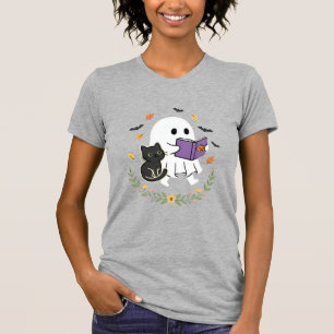 Camiseta Gato Fantasma de Halloween Lendo Livro Floral Desi