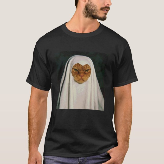 Camiseta Gato Fantasma Descontente Engraçado Halloween (Frente)