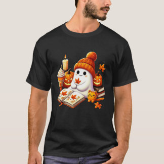 Camiseta Gato Fantasma Fofo Lendo Amantes de Livros Hallowe