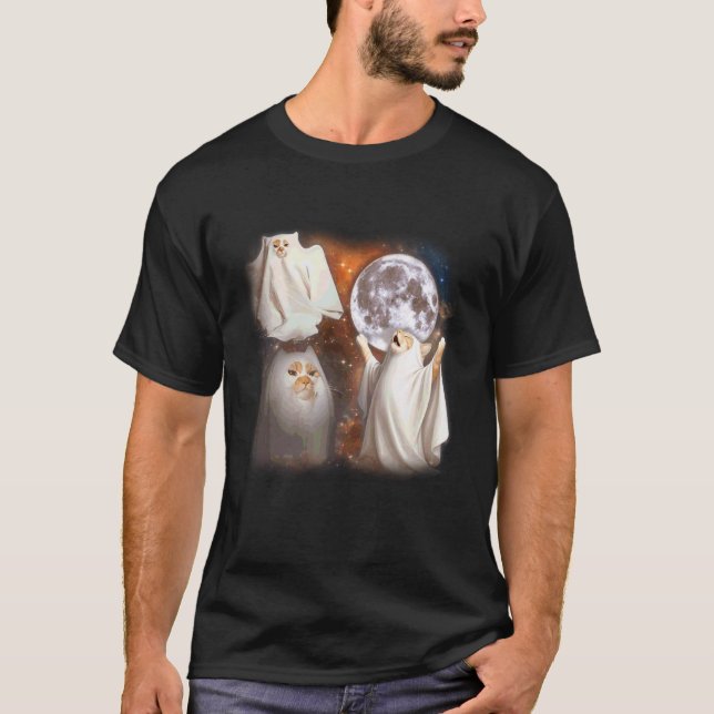 Camiseta Gato Fantasma Uivando para a Lua Halloween Estranh (Frente)