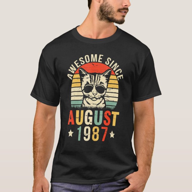 Camiseta Gato Fantástico Desde agosto de 1987 Feliz Meu Ani (Frente)