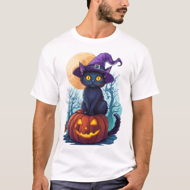 Camiseta Gato Feiticeiro em uma Abóbora (Frente)