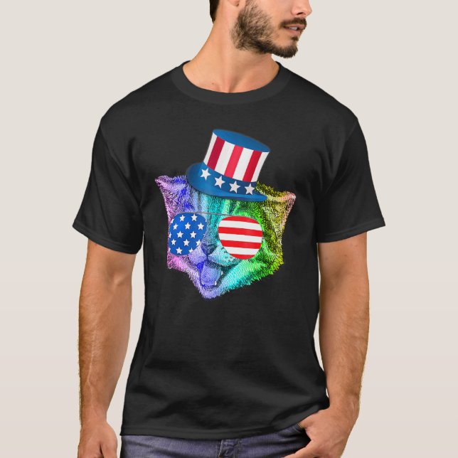 Camiseta Gato Felino Arco-íris 4 De Julho T- Bandeira Ameri (Frente)