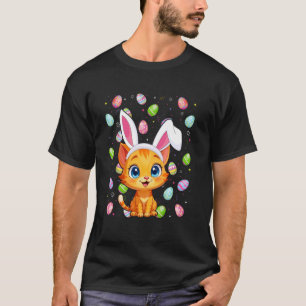Camiseta Gato Feliz Caça ao Ovo de Páscoa Orelha de Coelho