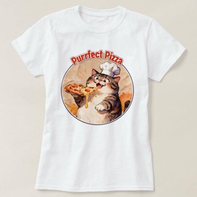 Camiseta Gato Feliz Chef com Pizza (Frente do Design)