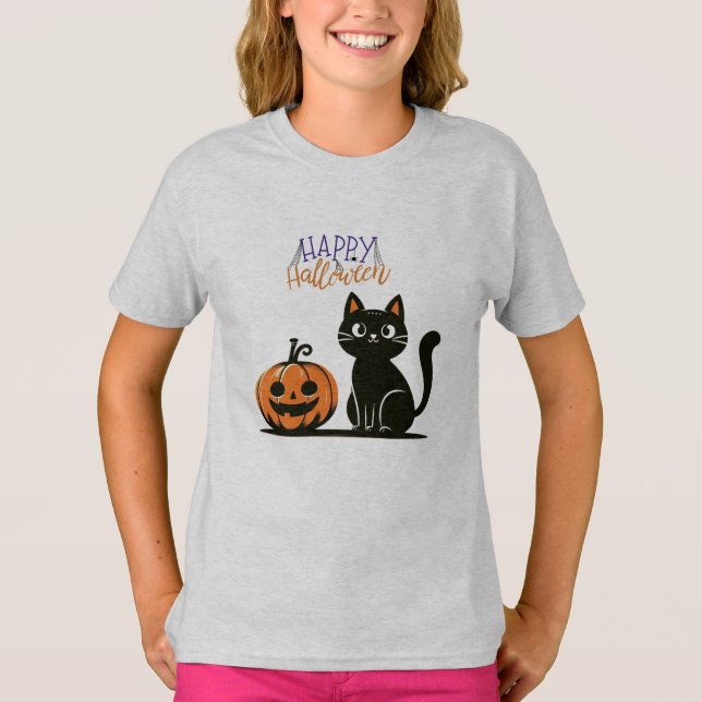 Camiseta Gato feliz de Halloween & abóbora (Frente)