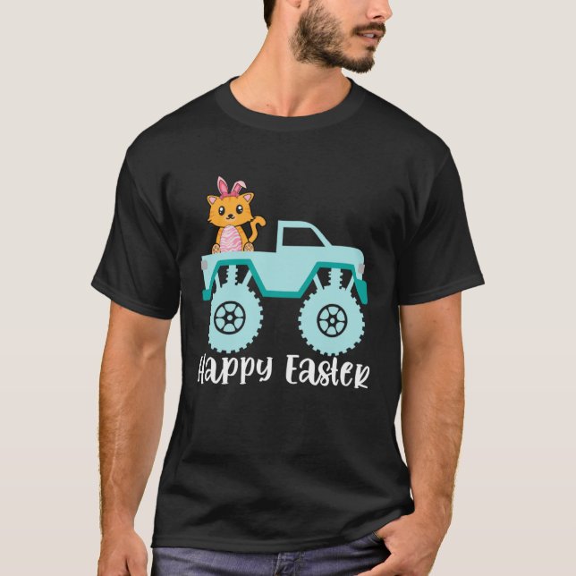 Camiseta Gato Feliz de Páscoa Pilotando Caminhão Monstro Cr (Frente)