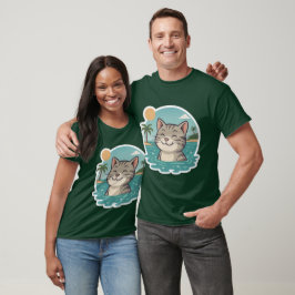 Camiseta Gato Feliz Nadando – Adesivo de Verão no Oceano