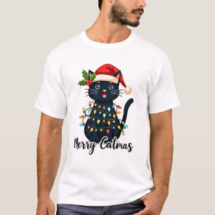 Camiseta Gato Feliz Natal Luz de Natal do Gato Preto Natal