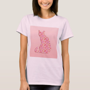 Camiseta Gato Flor - coral laranja e rosa