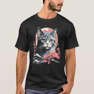Camiseta Gato Flor de Cerejeira Arte Japonesa Gatinho