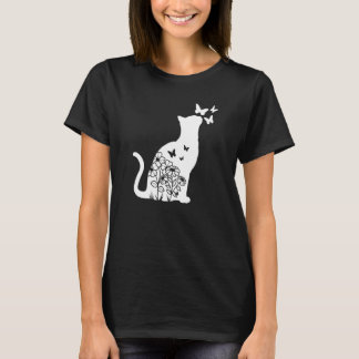 Camiseta Gato Floral Borboleta Flores Mulheres Meninas Mãe