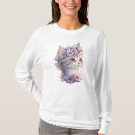 Camiseta Gato Floral de Aquarela Violeta Fofo