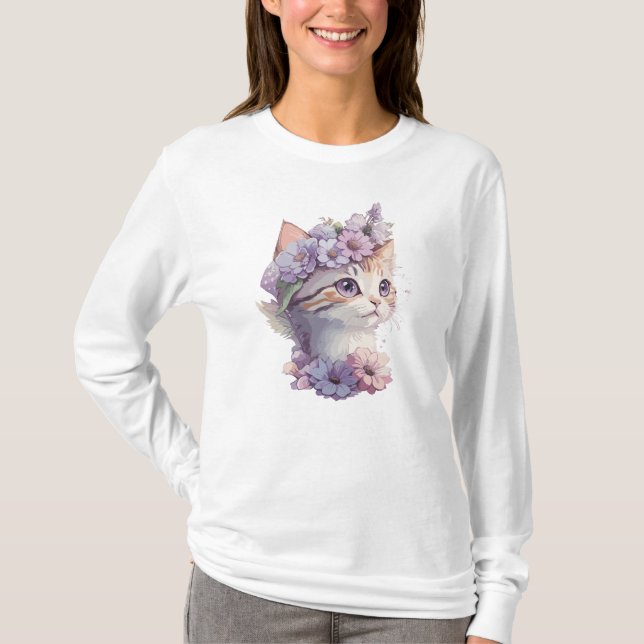 Camiseta Gato Floral de Aquarela Violeta Fofo (Frente)
