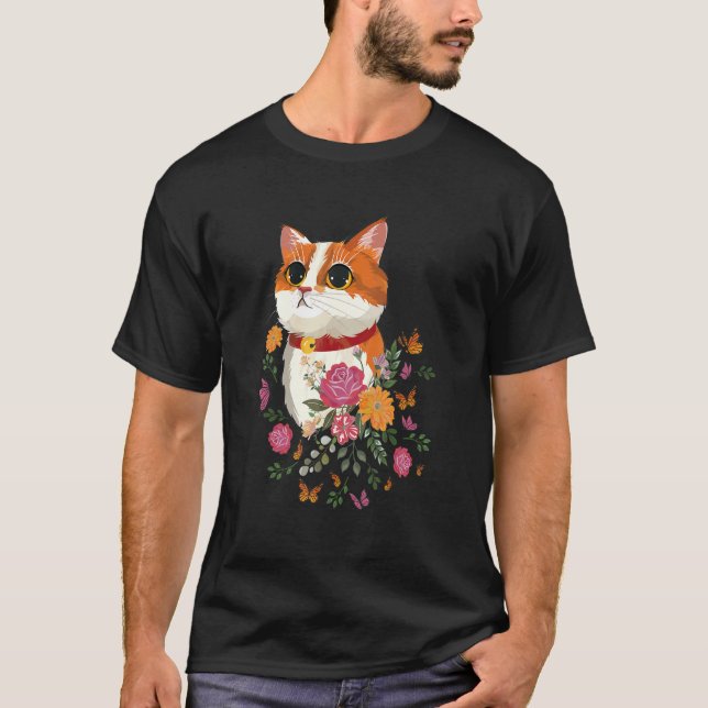 Camiseta Gato Flores Borboletas Gato (Frente)