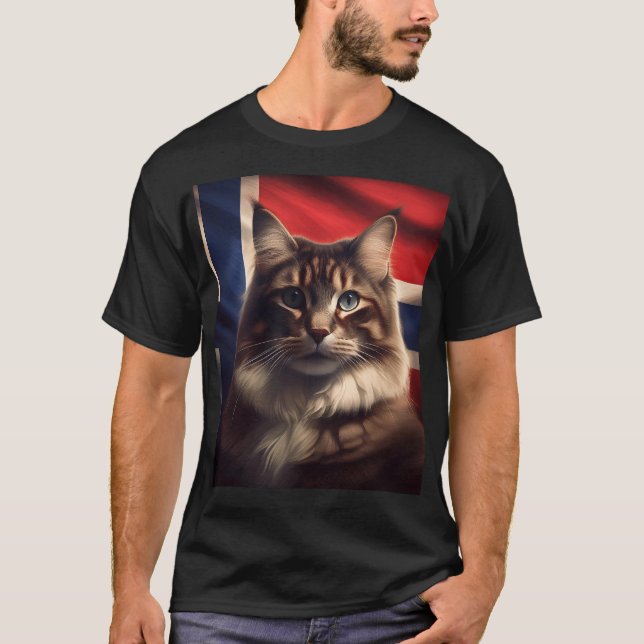 Camiseta Gato Florestal Norueguês Em Frente À Bandeira Noru (Frente)