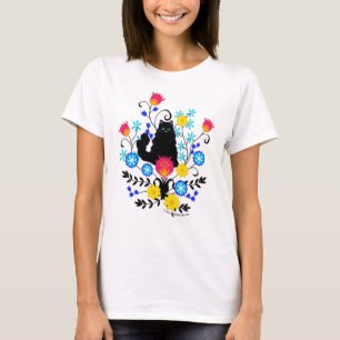 Camiseta Gato Fluffy Preto com Flores