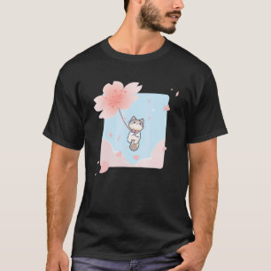 Camiseta Gato Flutuante de Primavera Flor de Cerejeira Gato