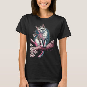 Camiseta Gato Fofo Árvore de Cerejeira Japonesa Ilustração 