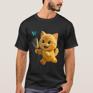 Camiseta Gato Fofo Caçando Borboleta, Adorável Leão Animado