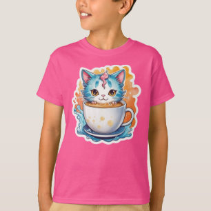 Camiseta Gato Fofo Com Caneca De Café Design De Desenho-946