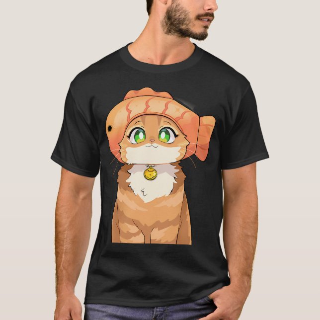 Camiseta Gato Fofo com Chapéu de Peixe (Frente)