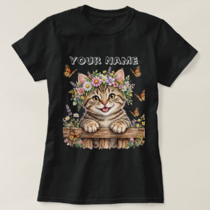 Camiseta Gato Fofo com Coroa Floral e Borboletas