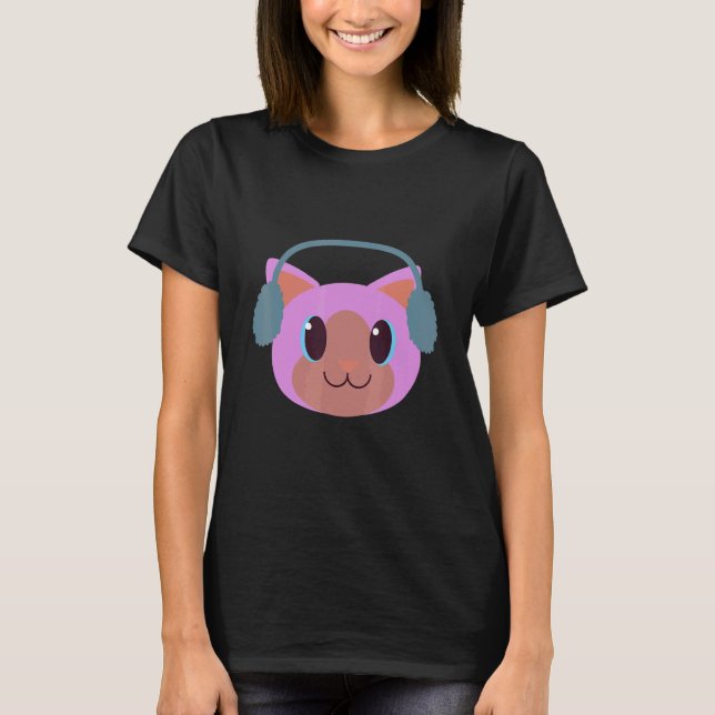 Camiseta Gato Fofo Com Protetores de Ouvido Aquecedores Fér (Frente)