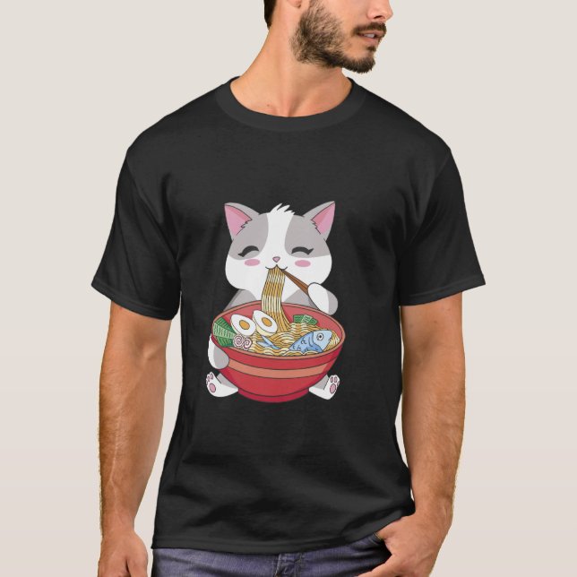 Camiseta Gato Fofo Comendo Macarrão Ramen (Frente)