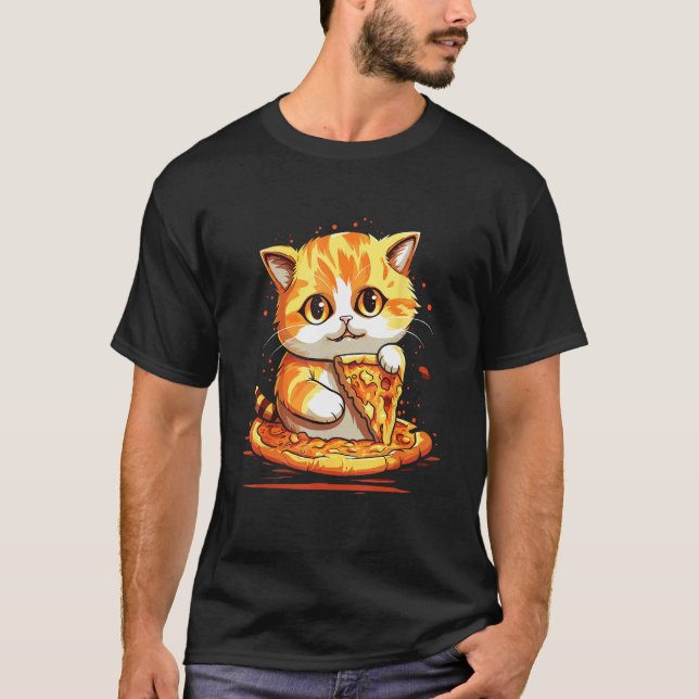 Camiseta Gato Fofo comendo uma pizza queijosa (Frente)