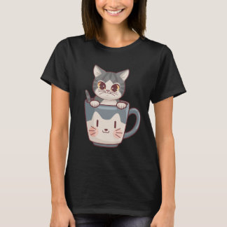 Camiseta Gato Fofo de Anime em Arte Vetorial de Xícara