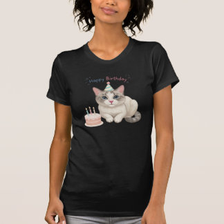 Camiseta Gato Fofo de Aniversário com Bolo e Chapéu de Fest